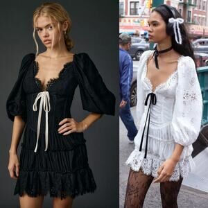 For Love & Lemons | Ellis Mini Dress in Black Romantic Corset Lace Dress S